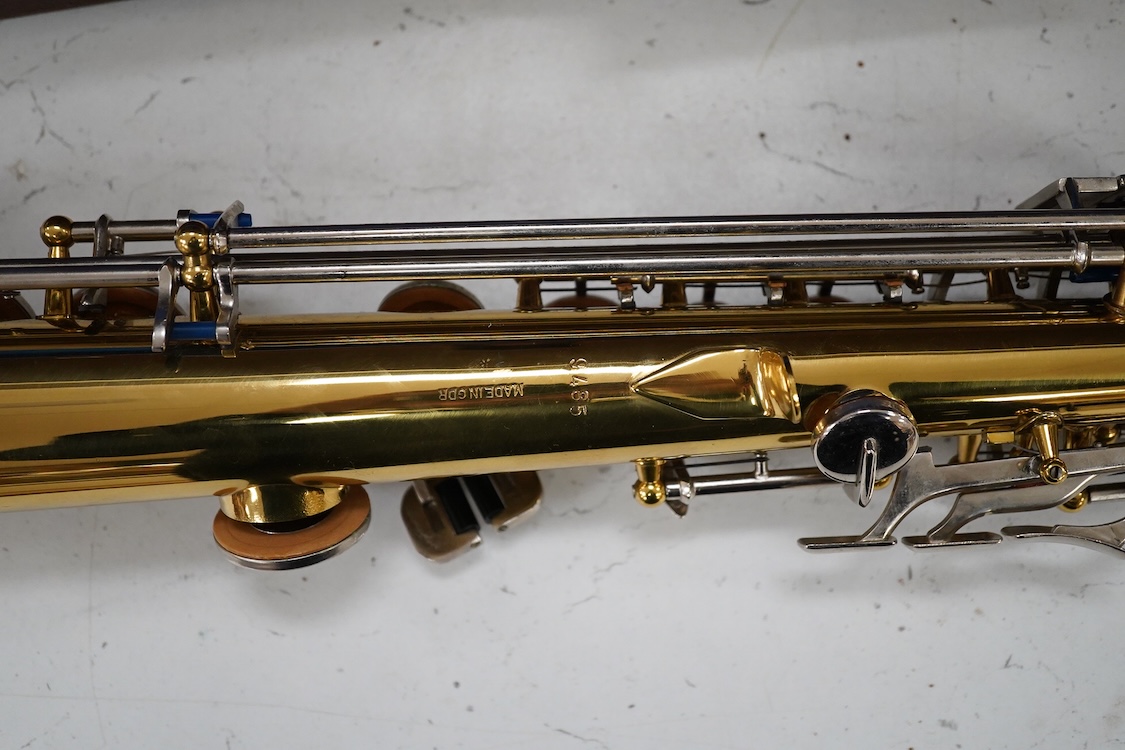 A cased Sonora soprano saxophone in a Rudall Carte branded case